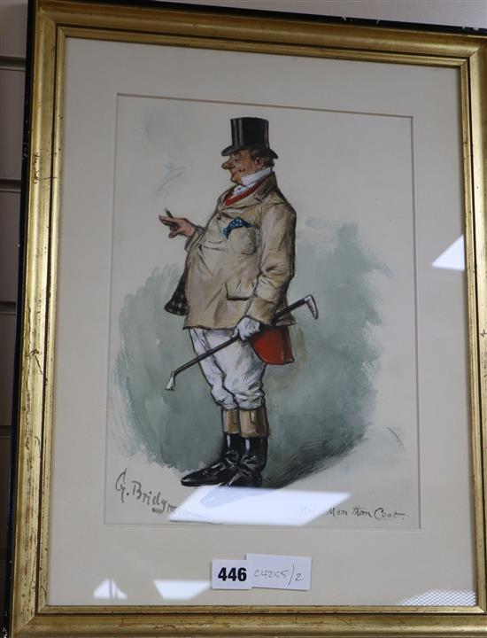 G. Bridgman (American), watercolour, Hunting caricature More Man Than Coat, signed, 35 x 25cm